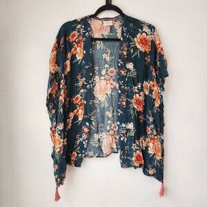 Knox Rose Green Pink Floral Open Front Kimono Cardigan Lightweight Boho XS/S